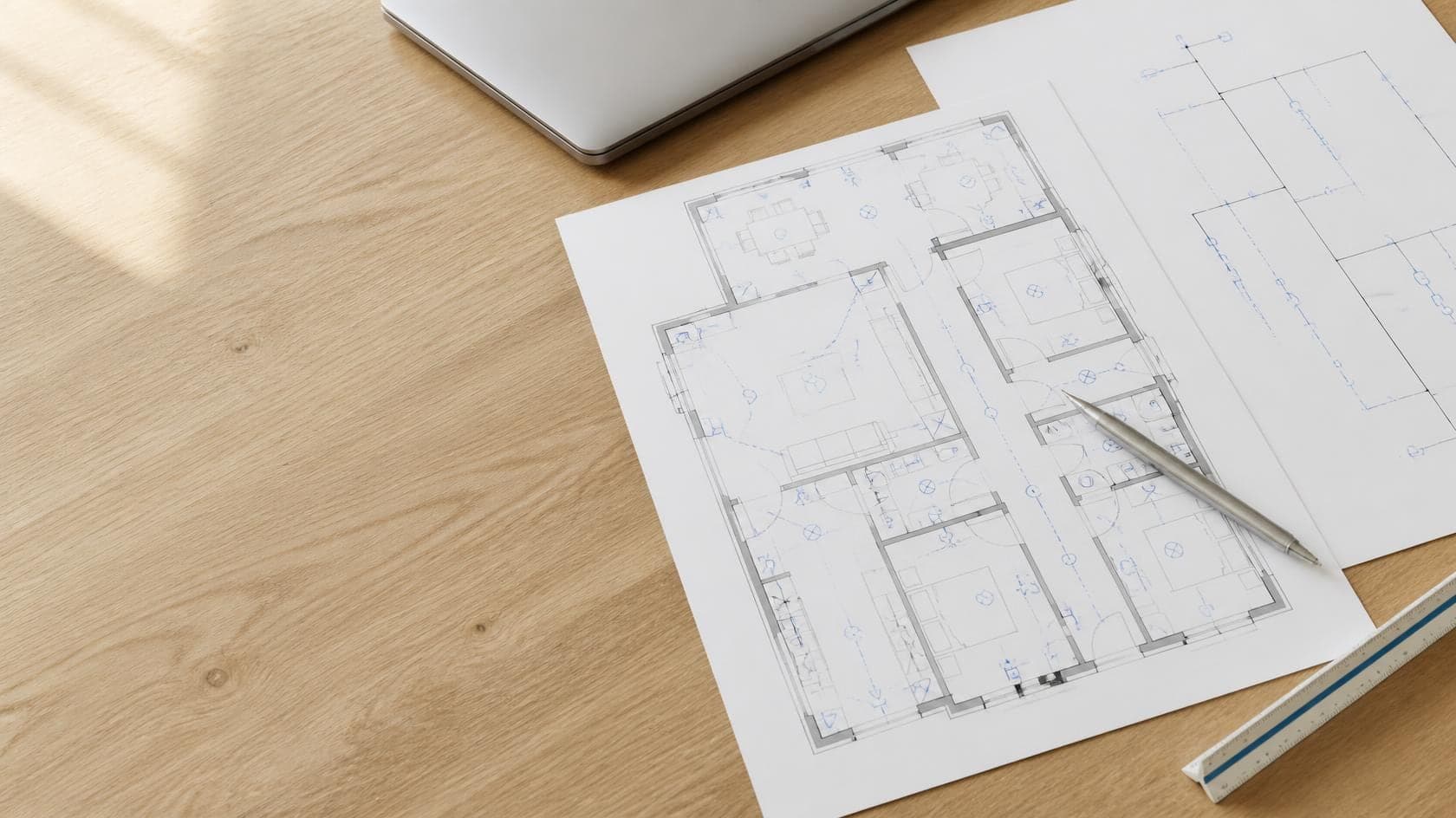 Plan d'une maison annoté de symboles électriques, sur un bureau (illustration)