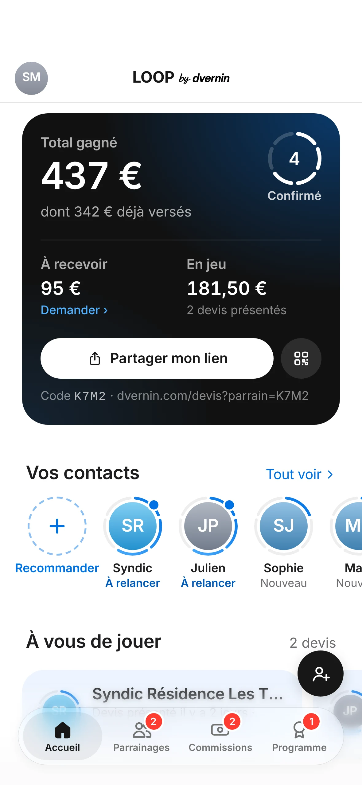 Accueil de l'espace ambassadeur : 437 € gagnés, 95 € à recevoir, et le bouton pour partager son lien.