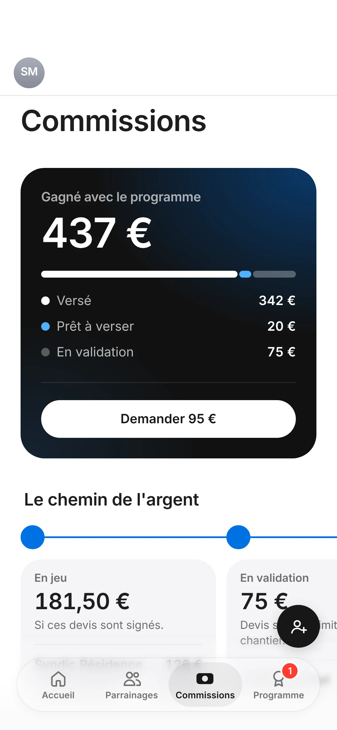 Commissions : 437 € gagnés, dont 342 € versés, 20 € prêts à verser et 75 € en validation.