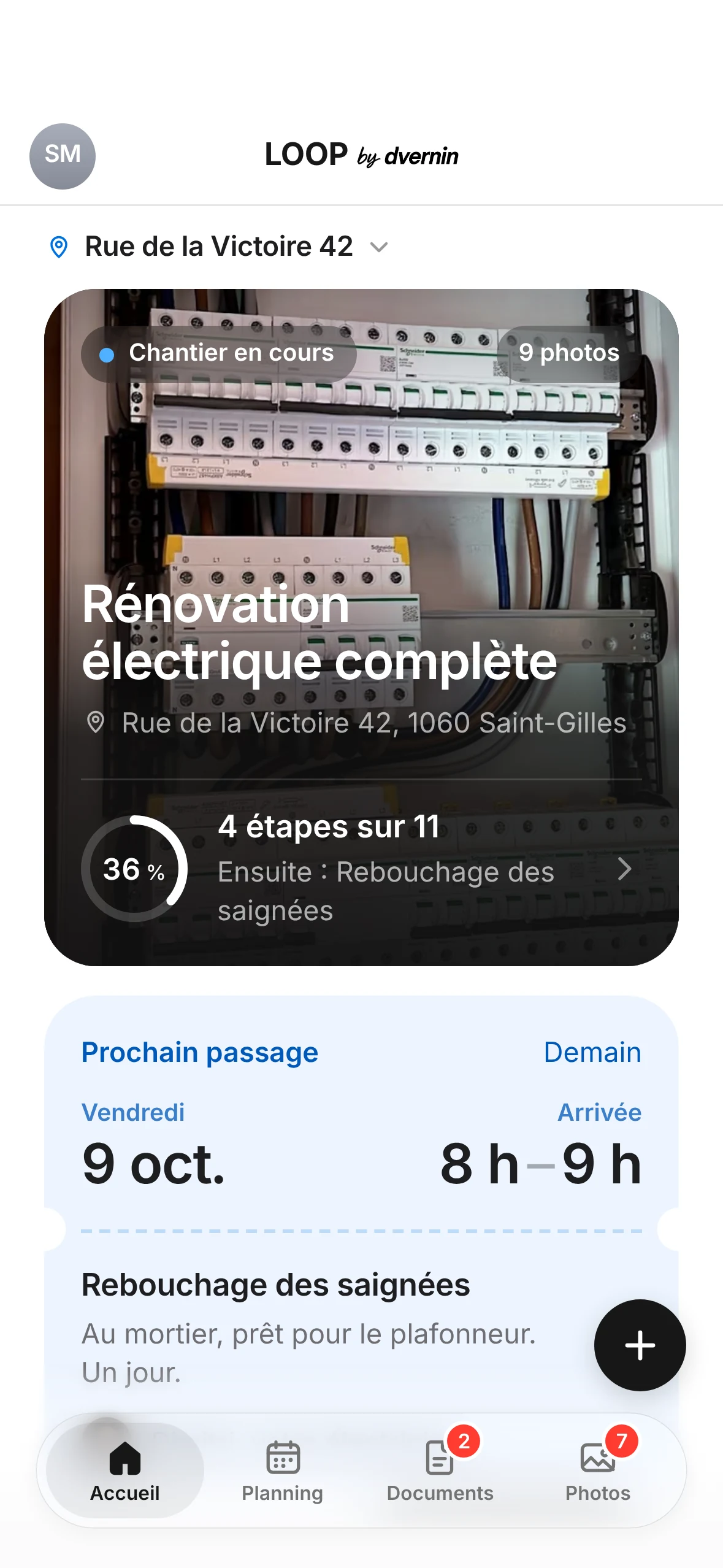 Accueil de l'espace client : en haut à gauche, l'adresse du chantier montré, qu'un toucher change ; la carte du chantier, avancée à 36 %, et le prochain passage, demain entre 8 h et 9 h.